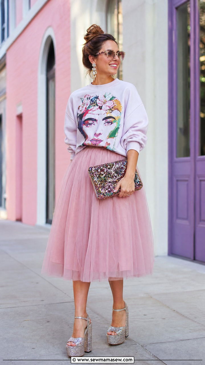 Tulle Skirt with Graphic Sweatshirt Outfit - 35 maximalist outfits aesthetic