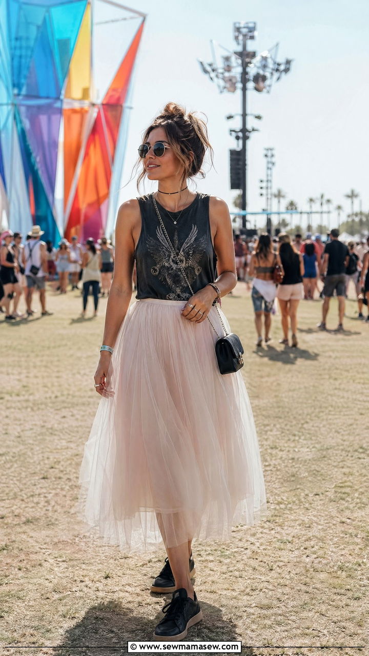 Tulle Skirt with Graphic Tank and Leather Sneakers - 35 festival outfits inspo