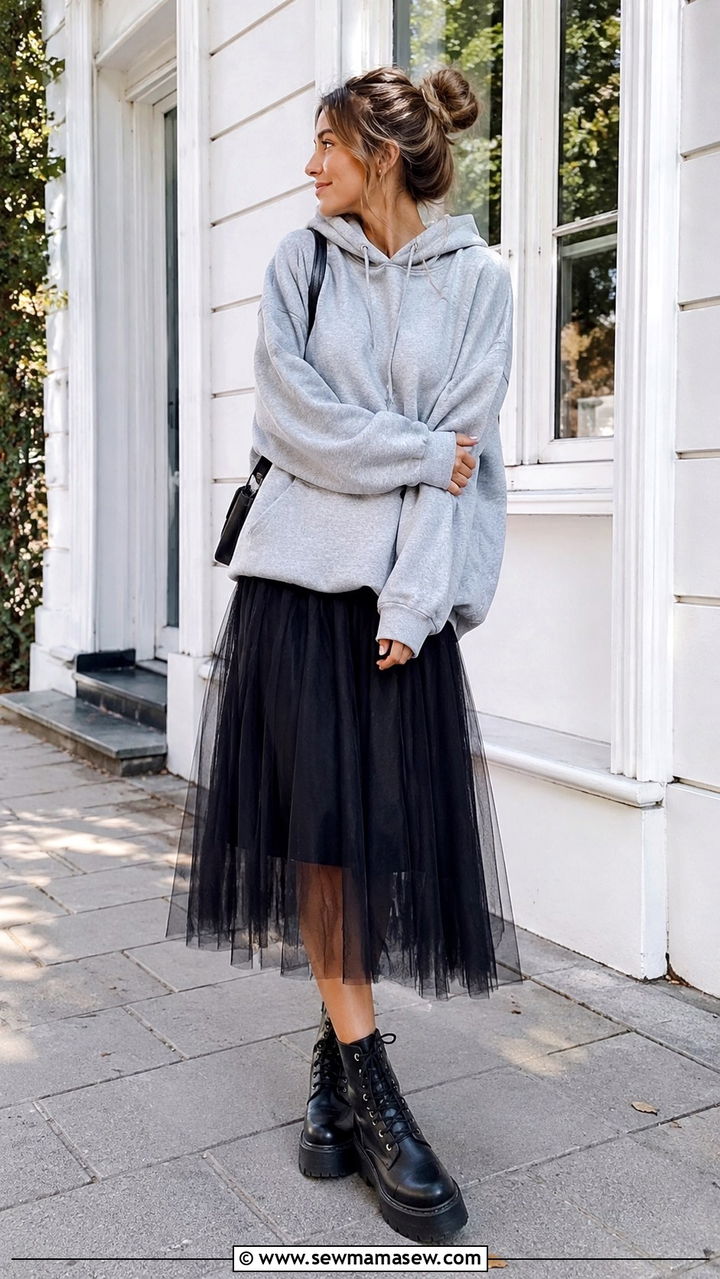 Tulle Skirt with Hoodie and Chunky Combat Boots - 25 Tulle skirt outfit ideas with boots