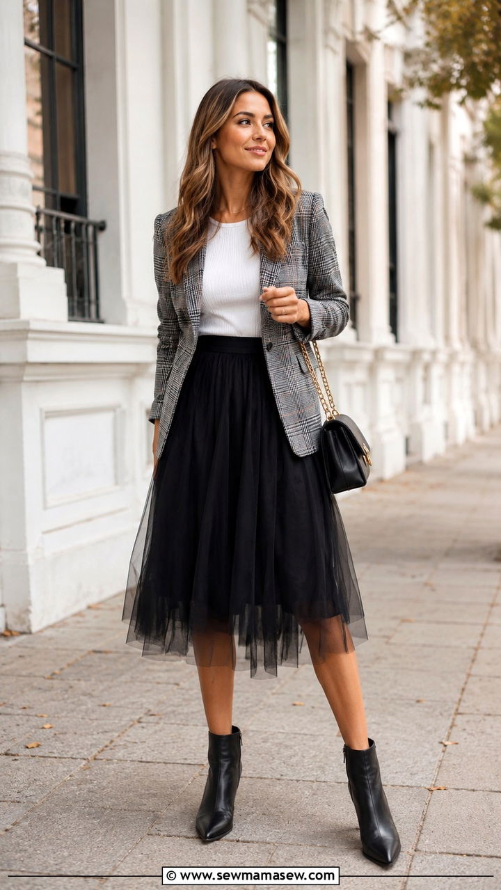 Tulle Skirt with Plaid Blazer and Ankle Boots - 25 Tulle skirt outfit ideas with boots