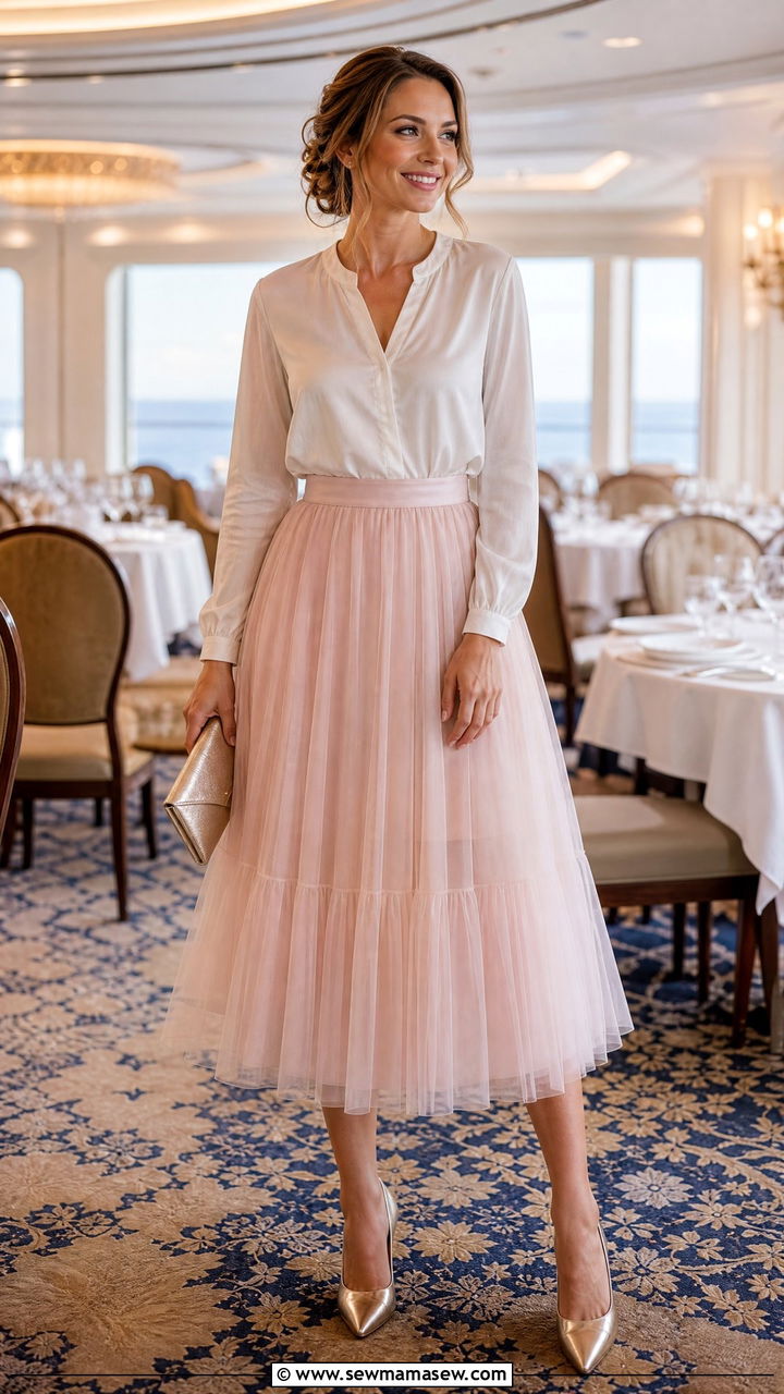 Tulle Skirt with Silk Blouse and Metallic Heels - 30 Cruise formal night outfit ideas