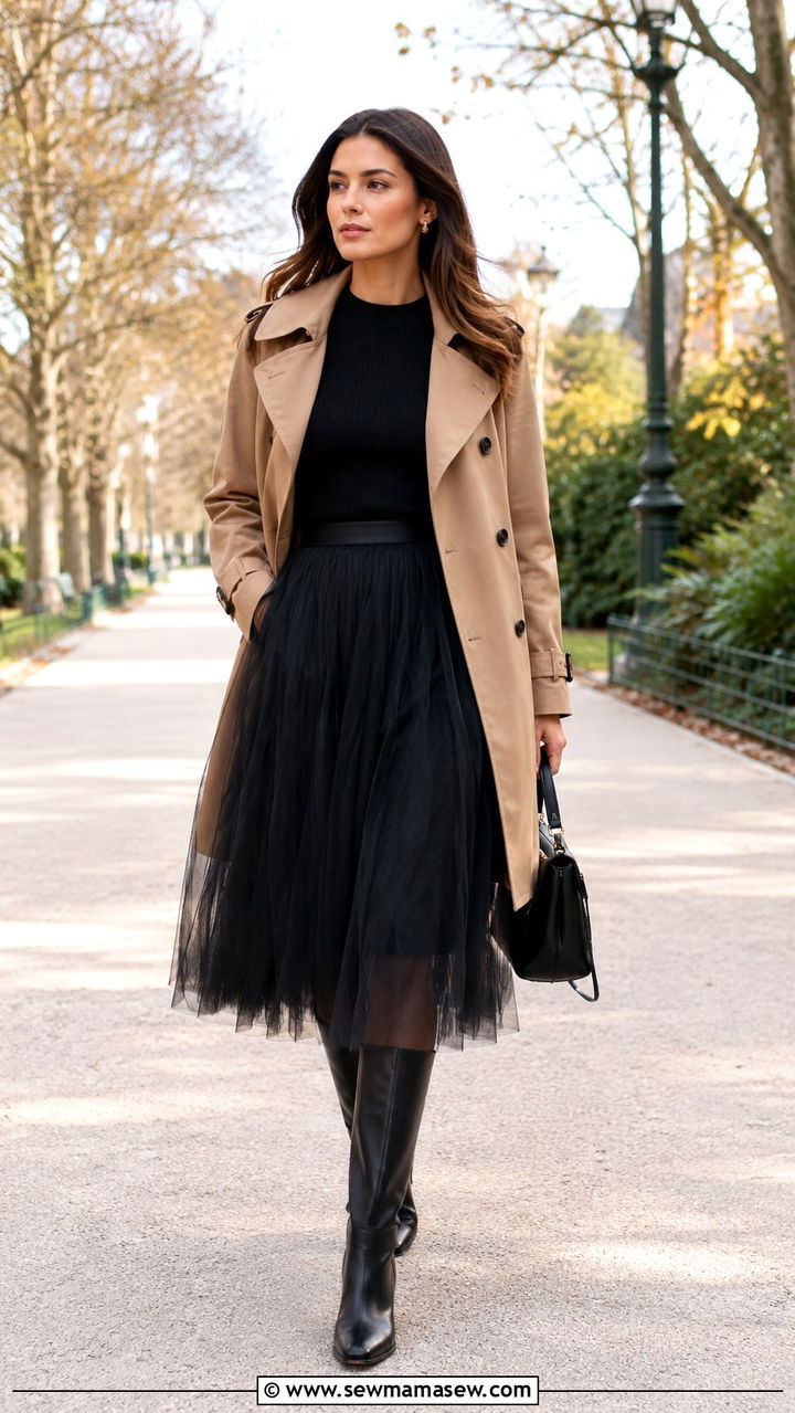 Tulle Skirt with Trench Coat and Knee High Boots - 25 Tulle skirt outfit ideas with boots