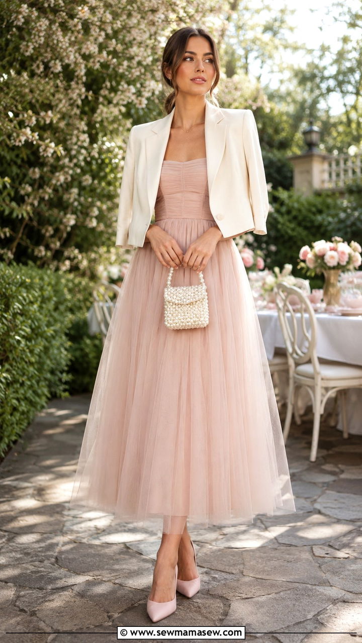 Tulle maxi dress with cropped blazer outfit - 30 Maxi dress with a blazer outfit ideas