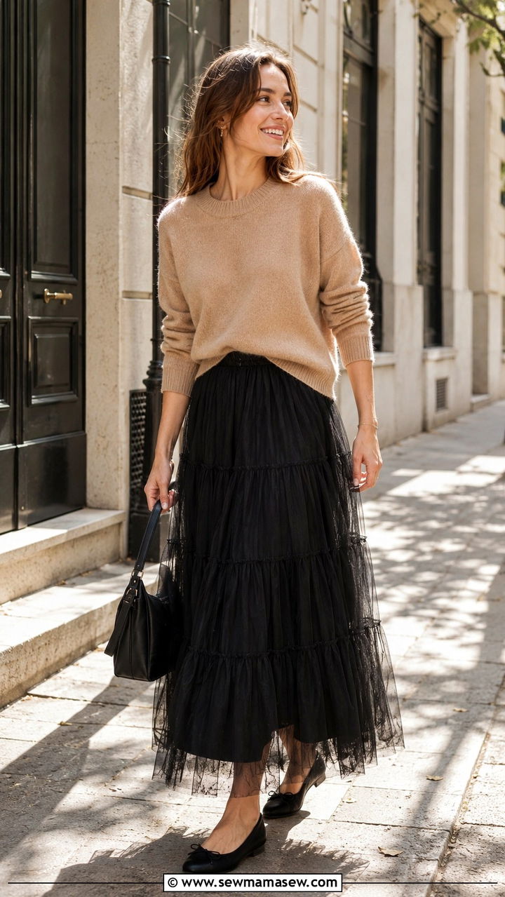 Tulle maxi skirt with cashmere sweater and velvet flats - 25 Opera aesthetic outfit ideas 2026