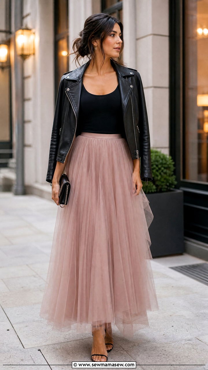Tulle maxi skirt with leather jacket outfit - 35 how to style maxi skirt