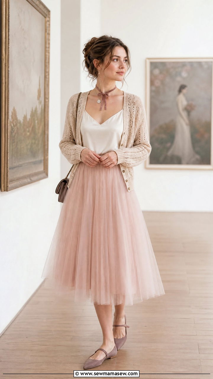 Tulle midi skirt and cream cardigan - 25 classy cottagecore outfit ideas