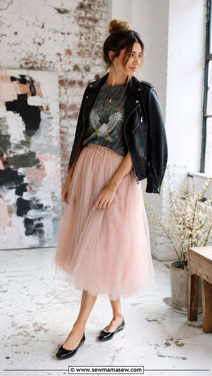 Tulle midi skirt and graphic tee with ballet flats - 30 How to style a midi skirt in spring