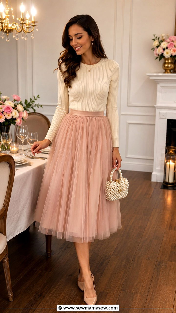 Tulle midi skirt with a fitted knit top - 30 chic birthday outfits for women