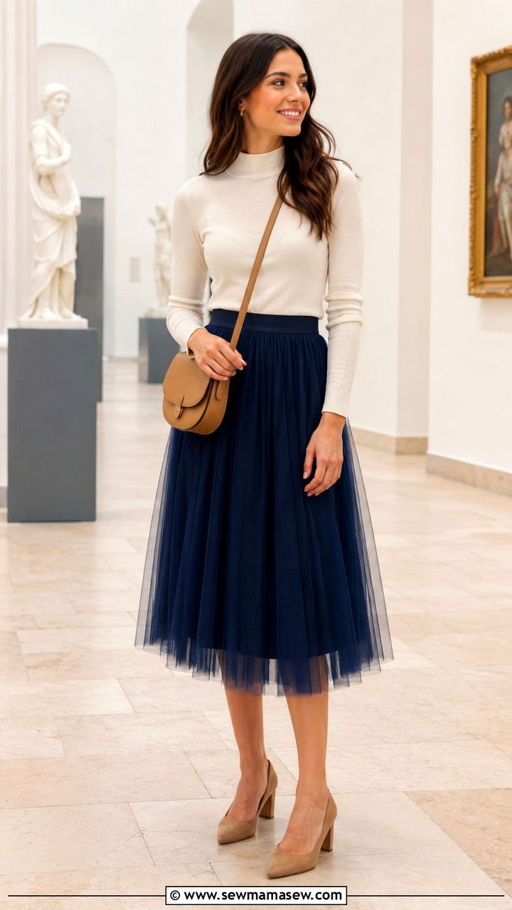 Tulle midi skirt with block heels - 25 Tulle skirt outfit ideas with heels