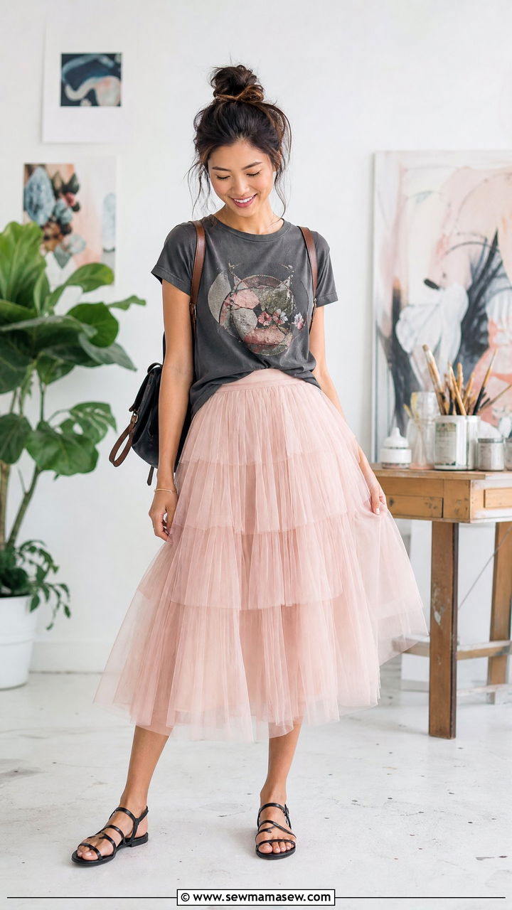 Tulle midi skirt with graphic tee and flat sandals - 25 chic midi skirt outfit ideas