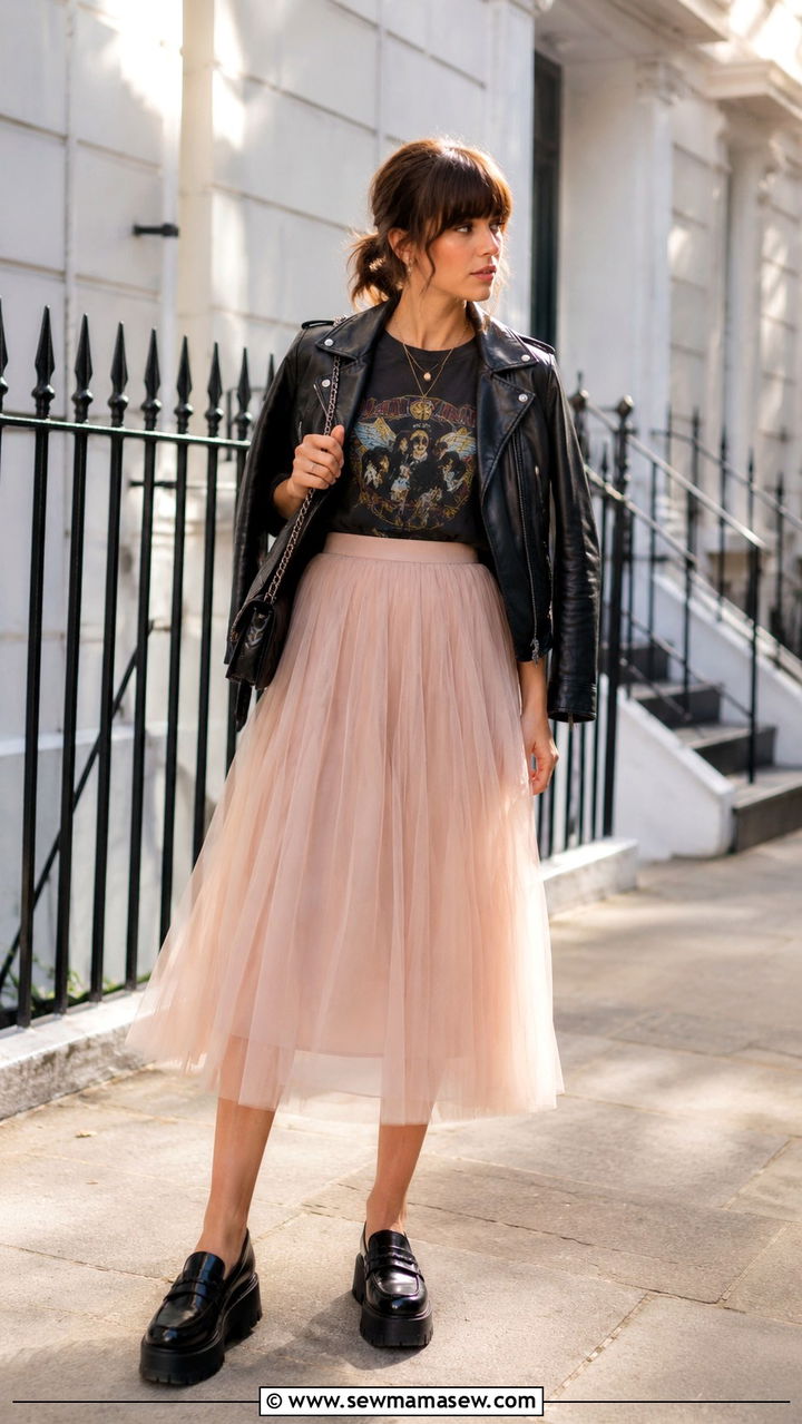 Tulle midi skirt with graphic tee and platform loafers - 30 Loafers outfit ideas with a skirt