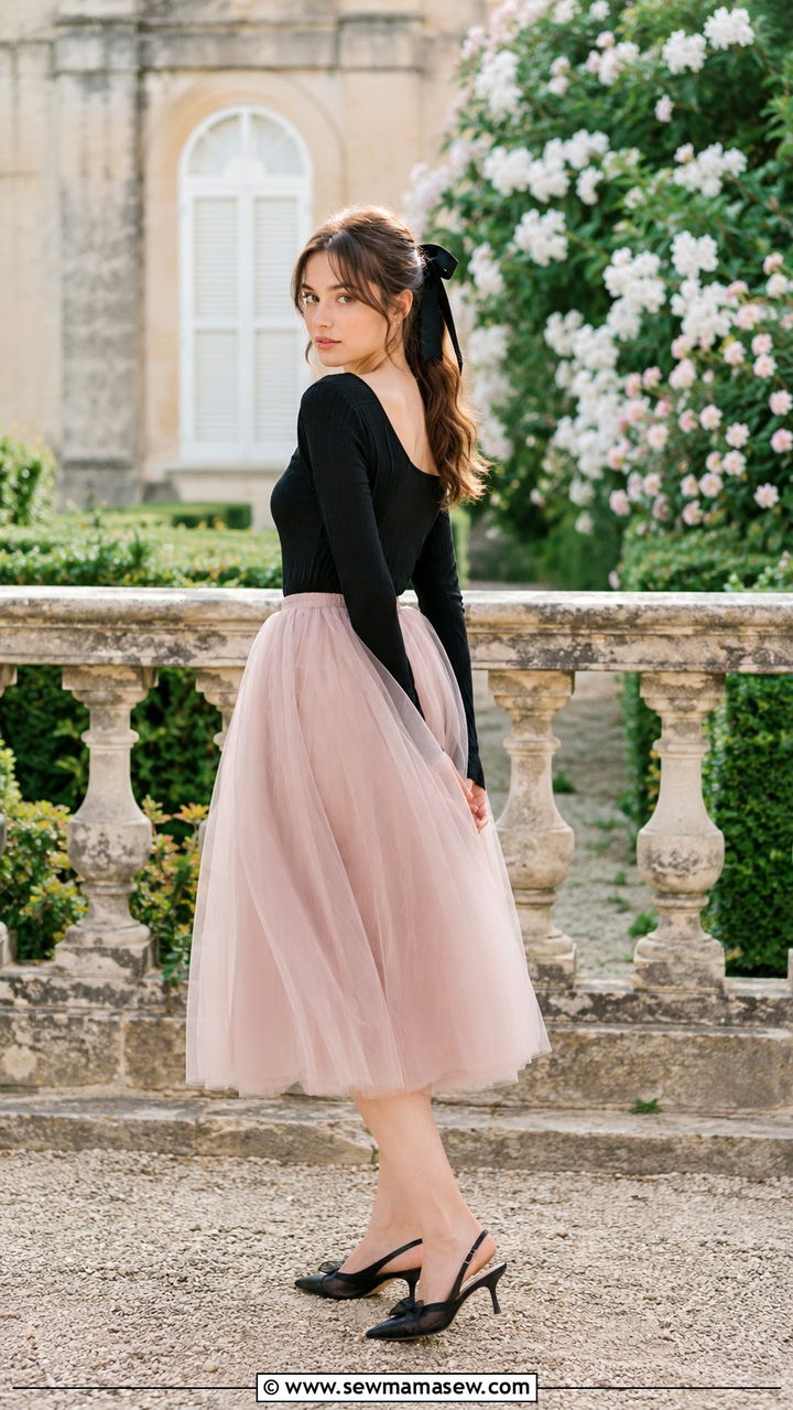 Tulle midi skirt with kitten heels - 30 Midi skirt outfit ideas with heels