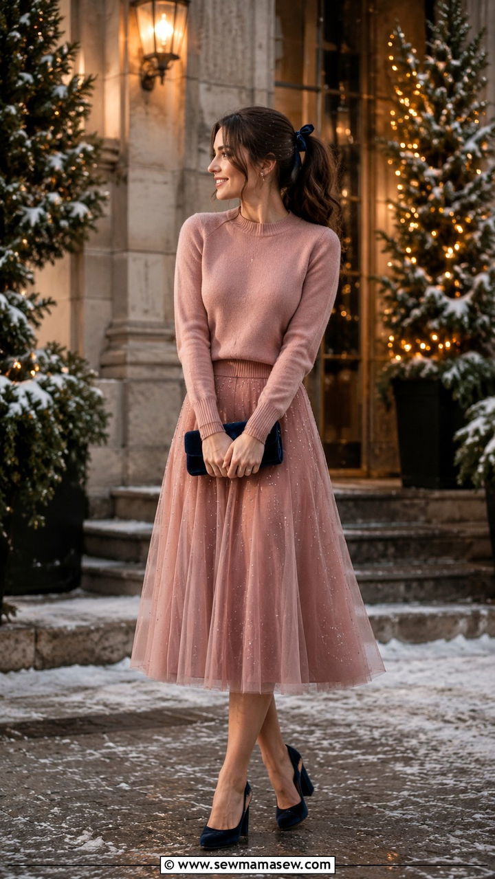 Tulle midi skirt with velvet block heels - 30 Midi skirt outfit ideas with heels