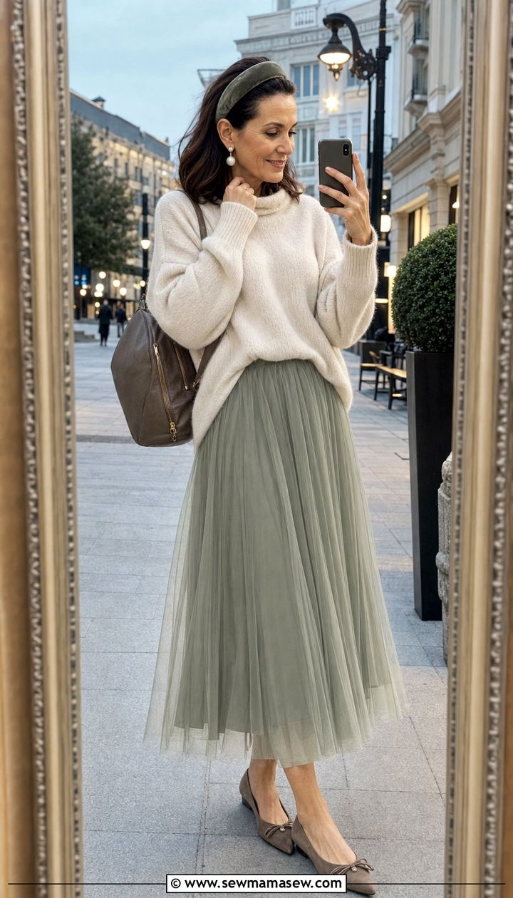 Tulle overlay midi skirt with cashmere sweater outfit - 25 fairycore outfit ideas for women over 40