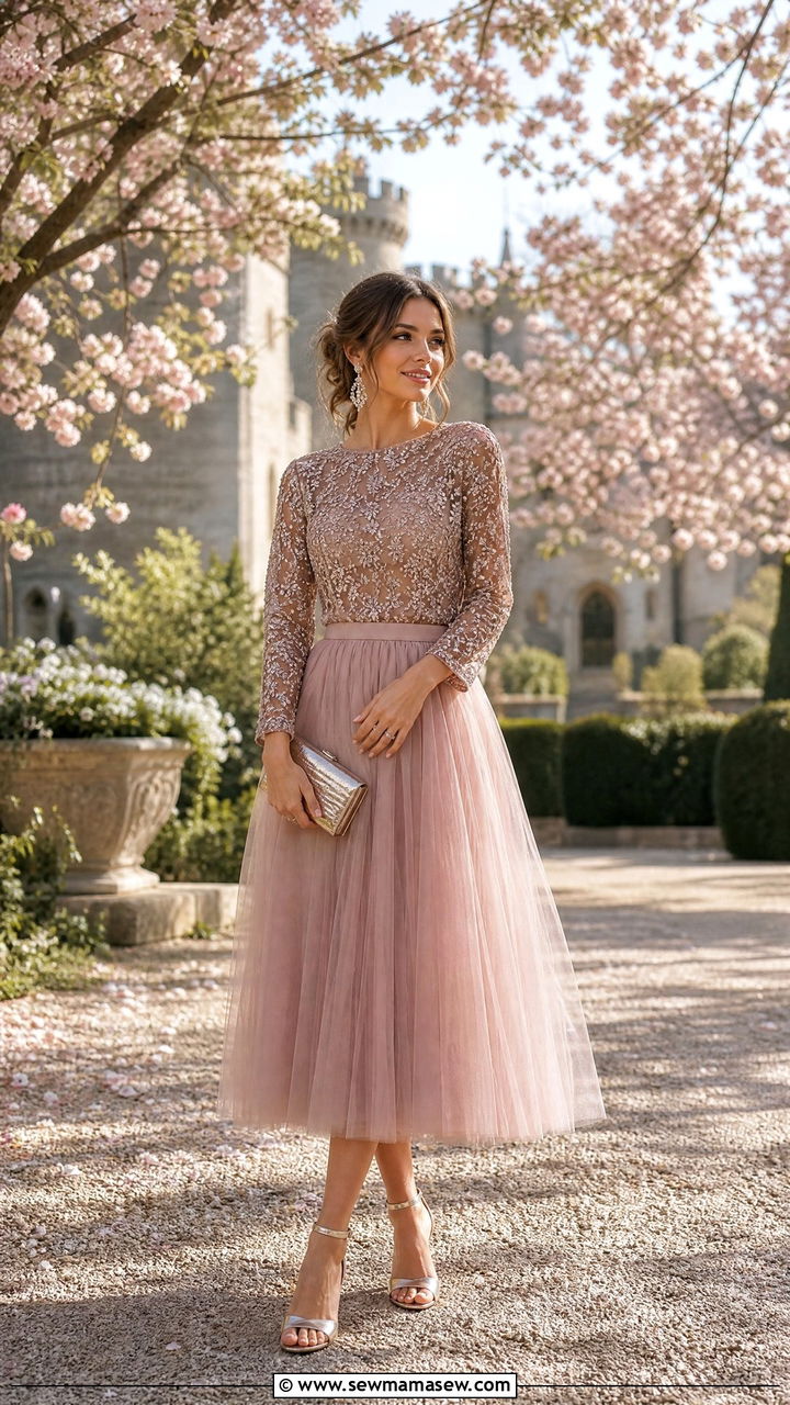 Tulle skirt and embellished top outfit - 25 Castle wedding guest outfit ideas