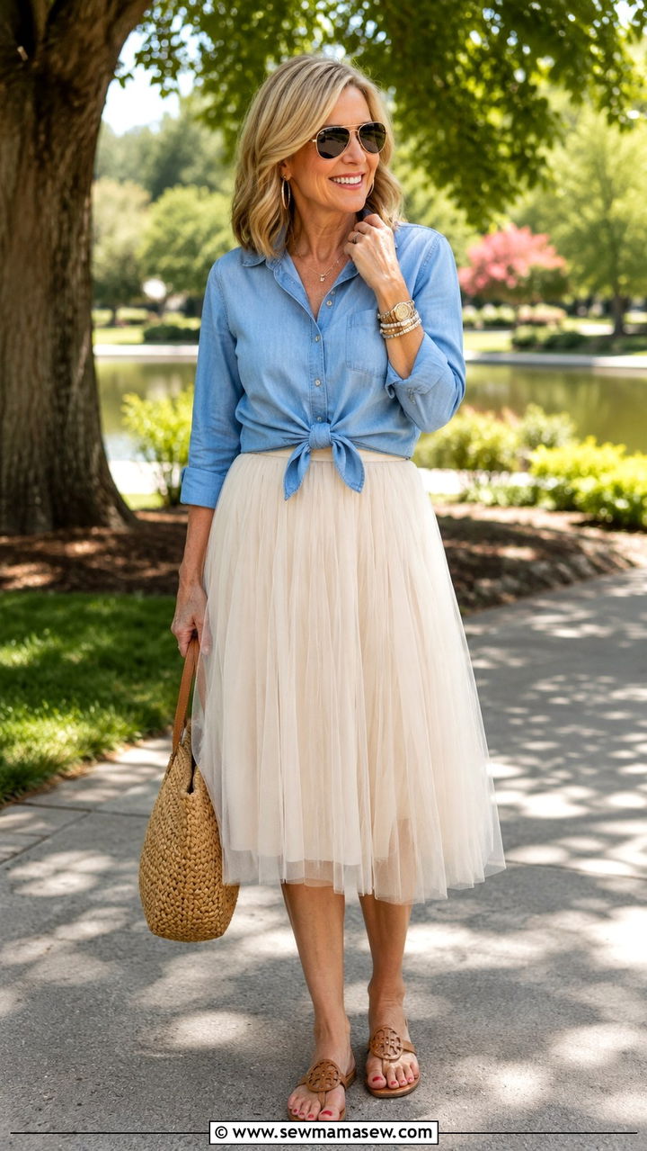 Tulle skirt with chambray shirt outfit - 25 Tulle skirt outfit ideas for women over 40