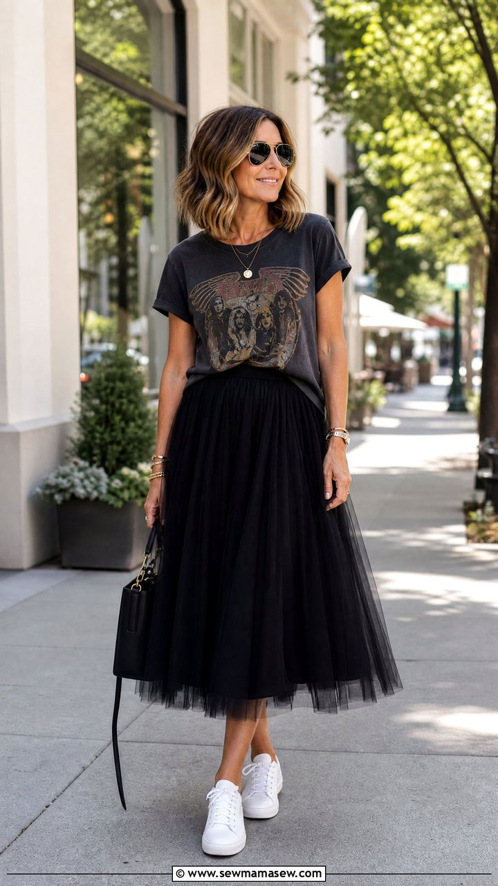Tulle skirt with graphic tee outfit - 25 Tulle skirt outfit ideas for women over 40