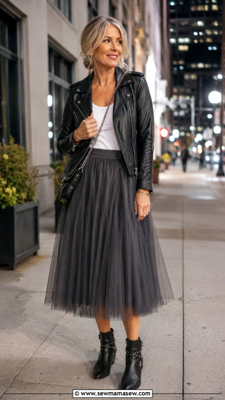 Tulle skirt with moto jacket outfit - 25 Tulle skirt outfit ideas for women over 40