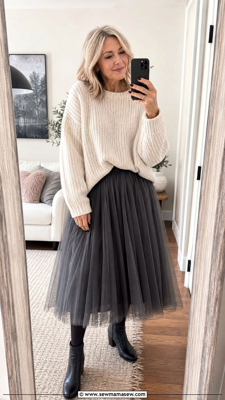 Tulle skirt with oversized sweater outfit - 25 Tulle skirt outfit ideas for women over 40