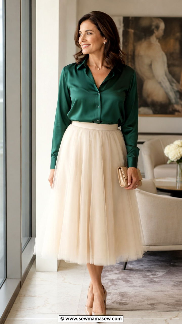 Tulle skirt with silk blouse outfit - 25 Tulle skirt outfit ideas for women over 40