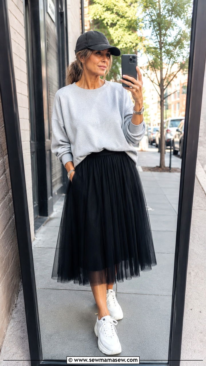 Tulle skirt with sweatshirt outfit - 25 Tulle skirt outfit ideas for women over 40
