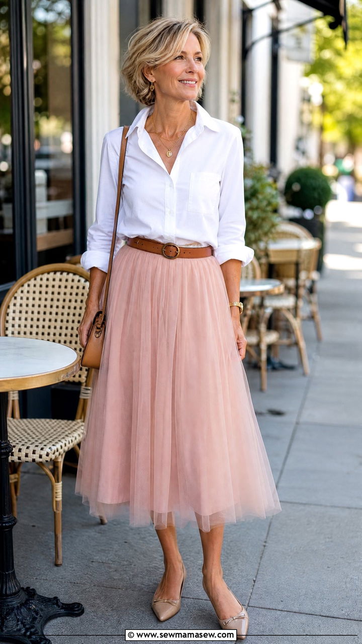 Tulle skirt with white button down shirt outfit - 25 Tulle skirt outfit ideas for women over 40