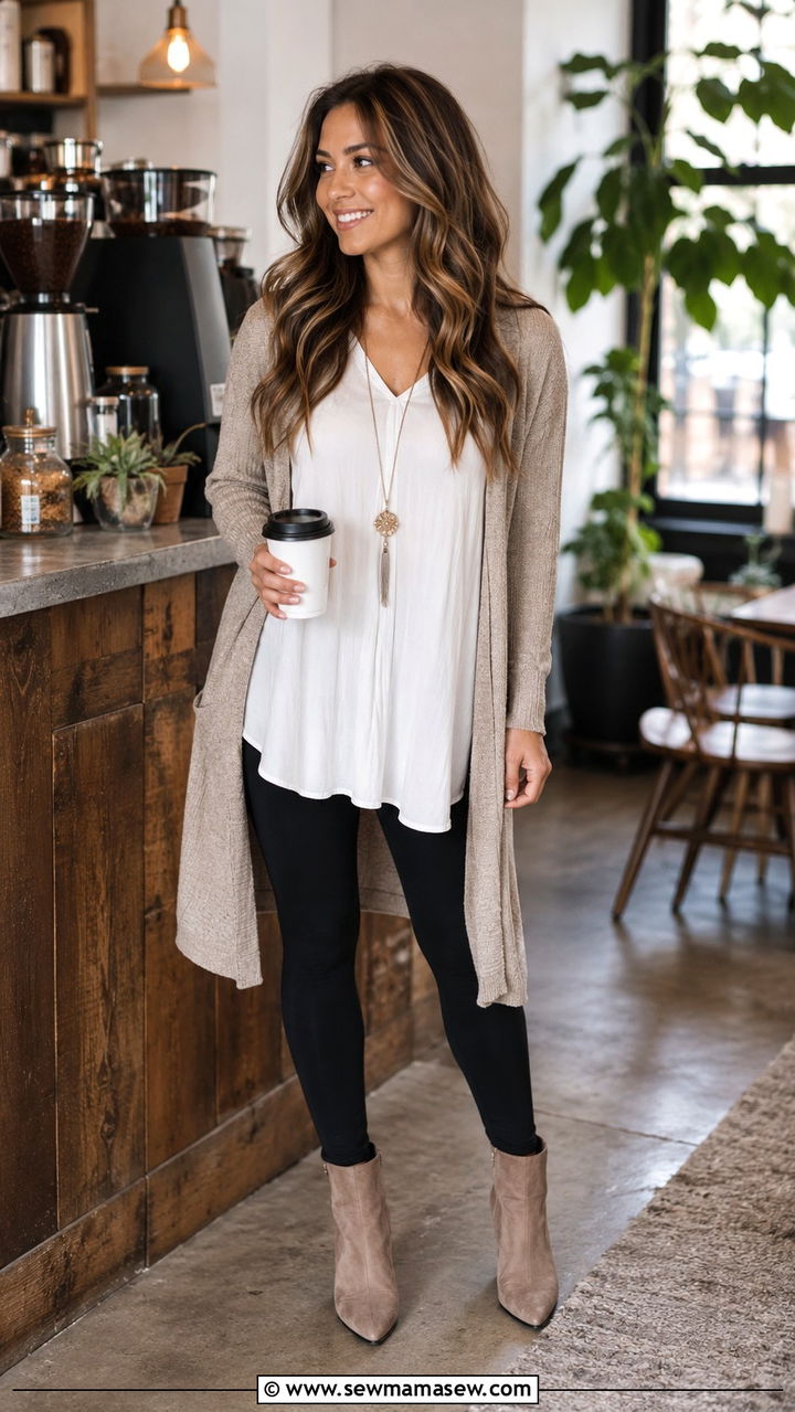 Tunic Blouse Over Leggings With Long Cardigan - 30 Petite outfit ideas to look taller