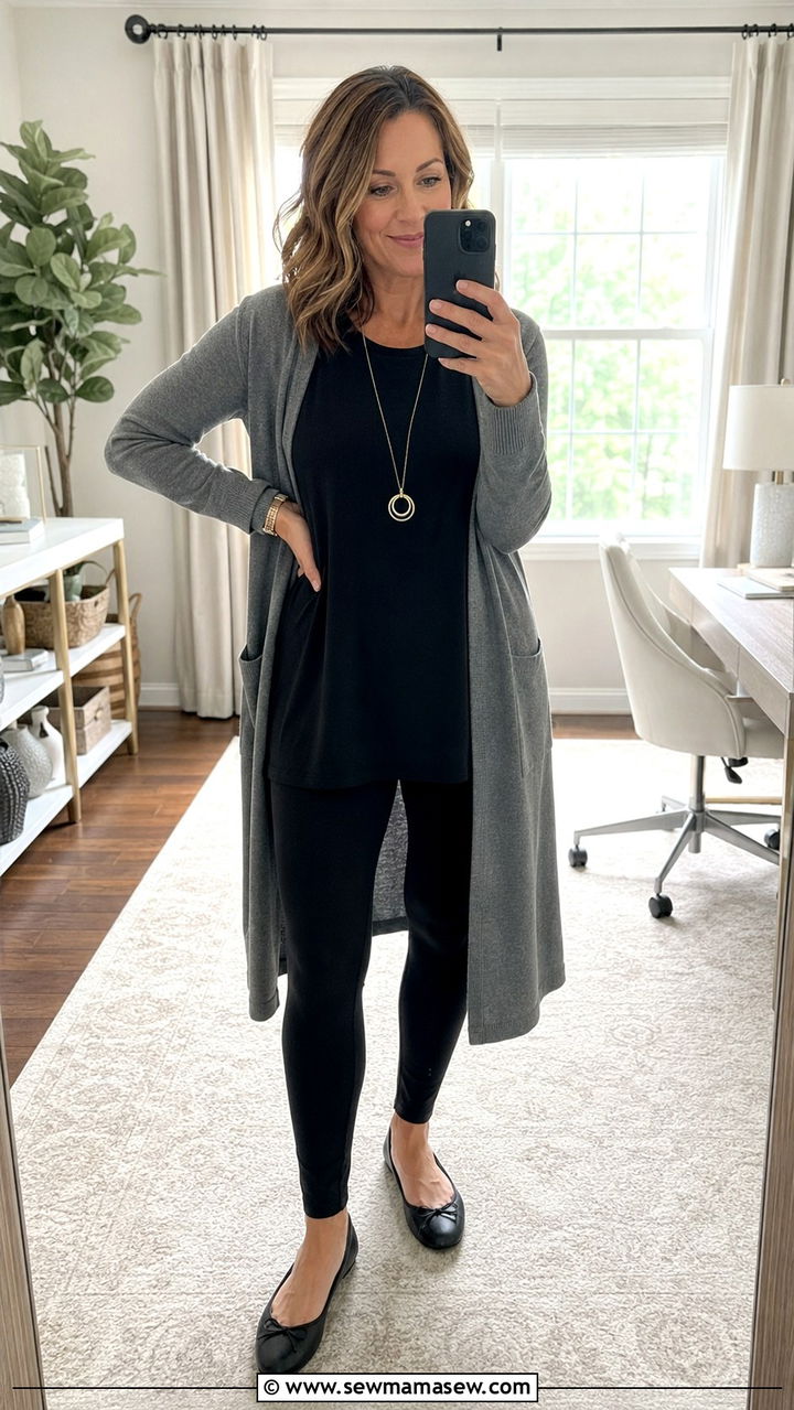 Tunic Blouse With Leggings And Long Cardigan - 20 work outfits for women with big bust