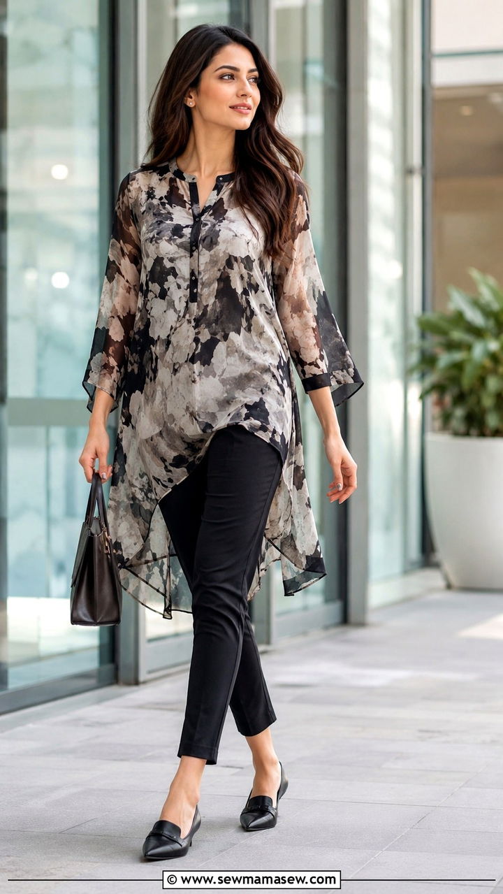 Tunic Blouse with Slim Ankle Trousers - 20 work outfits for women with tummy