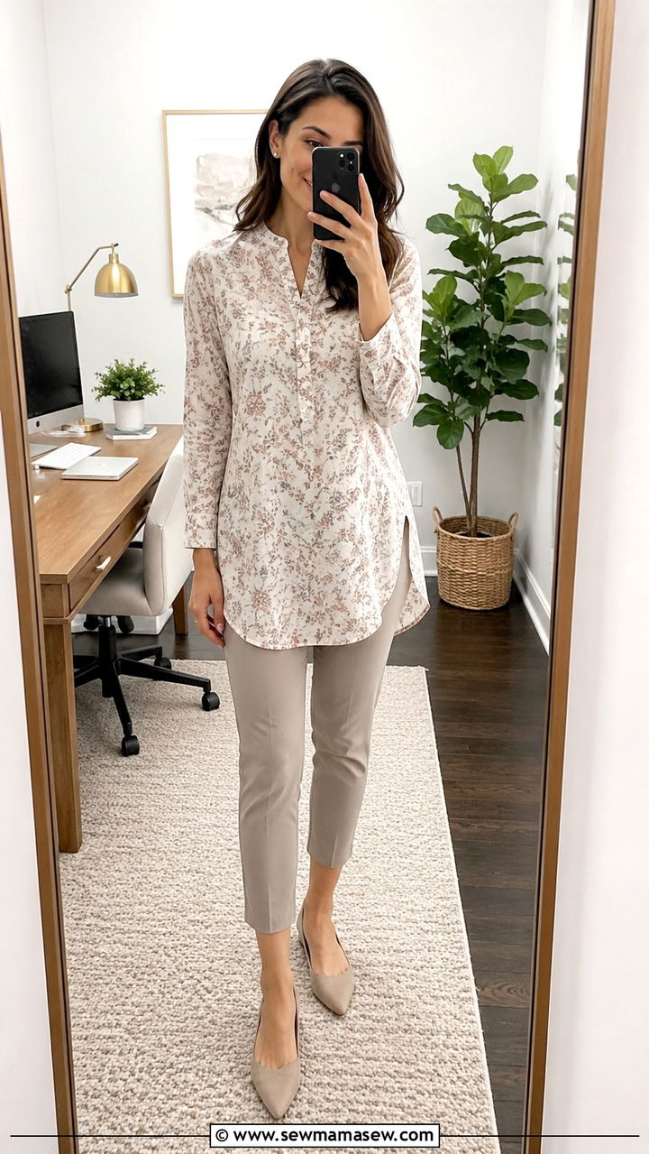 Tunic Blouse with Slim Cropped Trousers - 20 work outfits for apple shaped body
