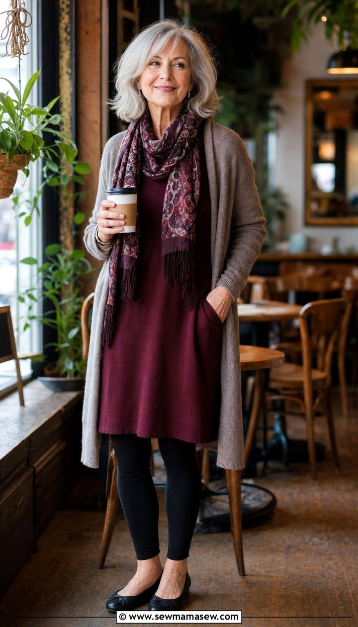 Tunic Dress With Leggings And Ballet Flats - 25 Dress outfit ideas for women over 60