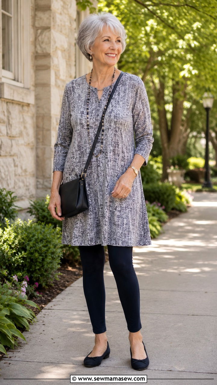 Tunic Dress with Leggings and Ballet Flats - 30 Graduation outfits for women over 60