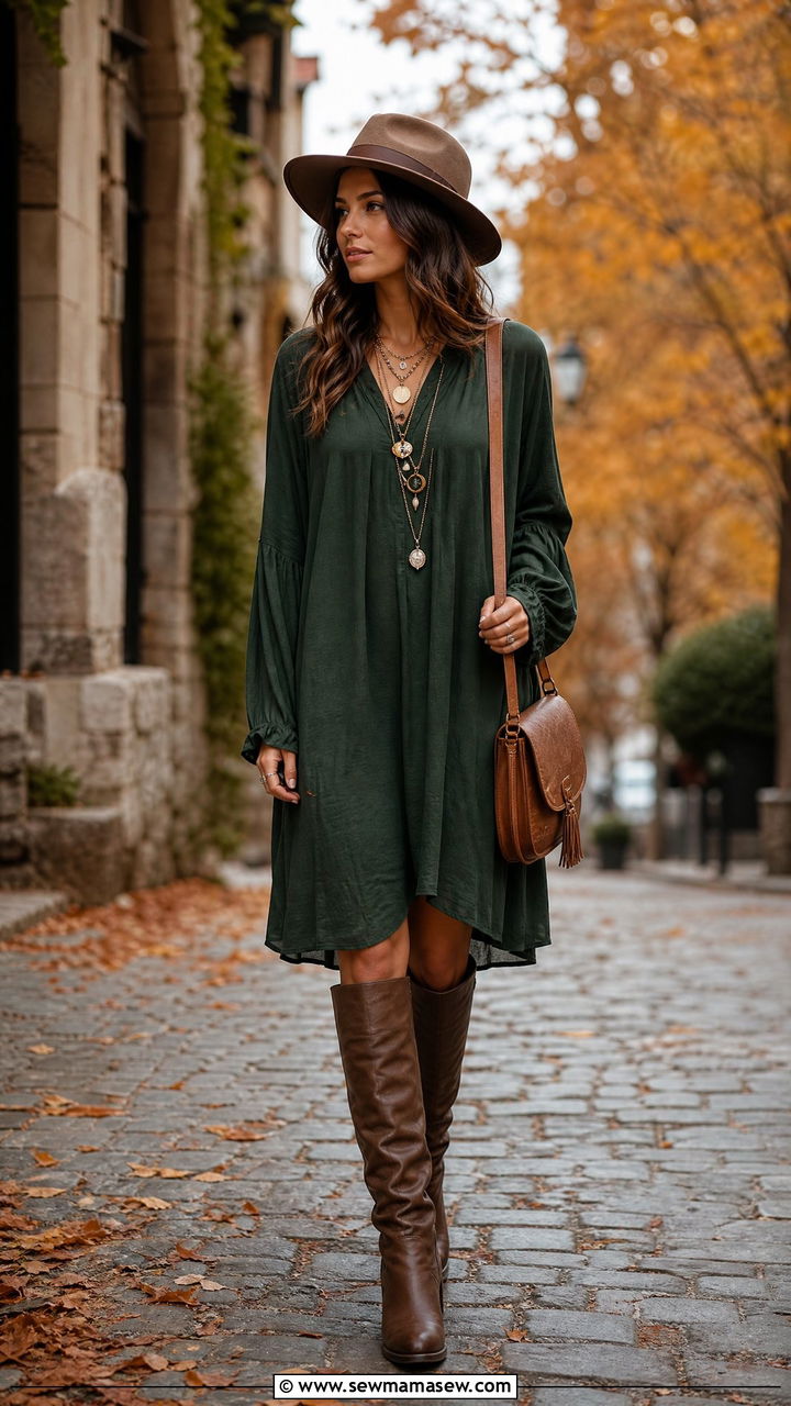 Tunic Dress with Tall Boots and Layered Necklaces - 30 Boho capsule wardrobe