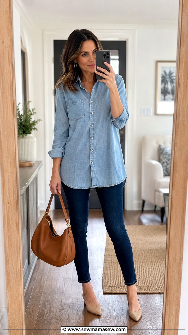 Tunic Length Buttondown Over Skinny Ankle Jeans - 30 Outfit ideas for short torso