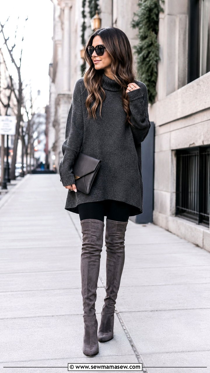 Tunic Length Oversized Sweater with Skinny Jeans and Over the Knee Boots - 30 Oversized sweater with jeans outfit ideas