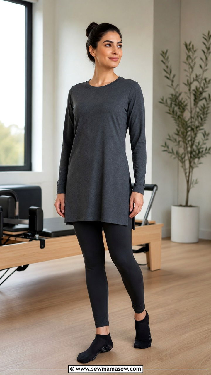 Tunic Length Workout Top and Compression Leggings - 25 Modest pilates outfit ideas