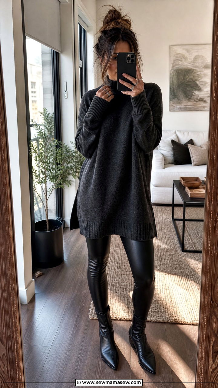 Tunic Sweater And Leather Leggings - 30 Cozy reading outfit ideas