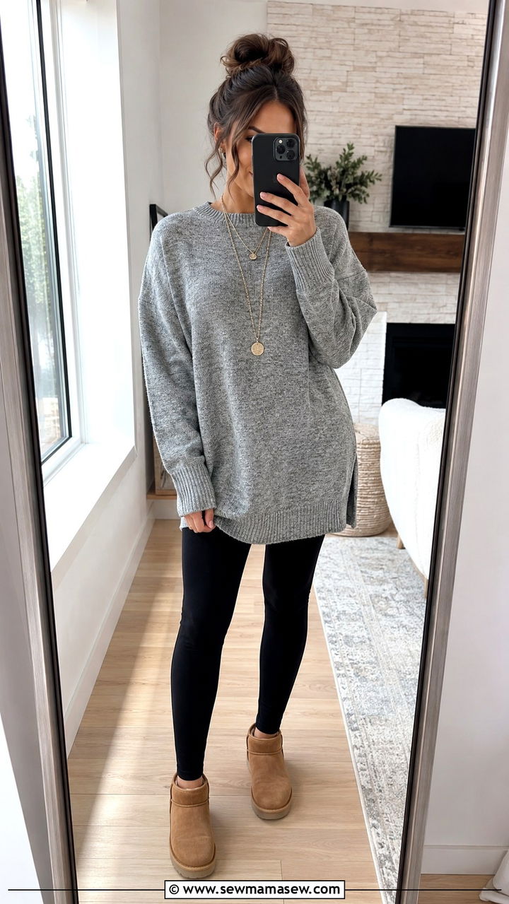 Tunic Sweater With Black Leggings And Ultra Mini Uggs - 25 Uggs and leggings outfit ideas