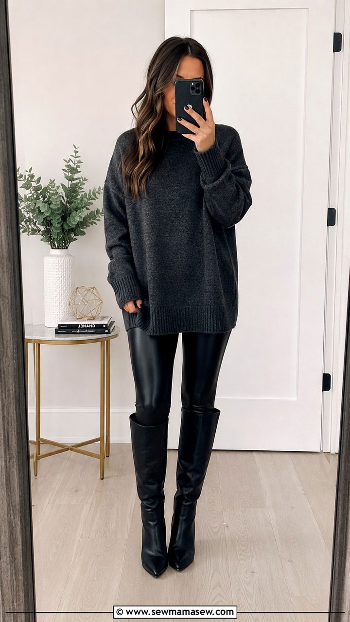 Tunic Sweater With Faux Leather Leggings and Knee High Boots - 20 Spring outfits for 50 degree weather