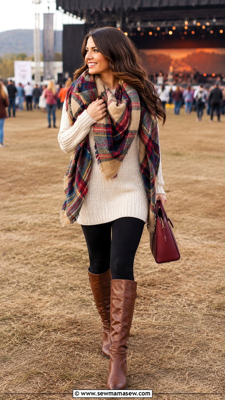Tunic Sweater With Leggings and Knee High Boots for Cool Weather - 30 classy country concert outfit ideas