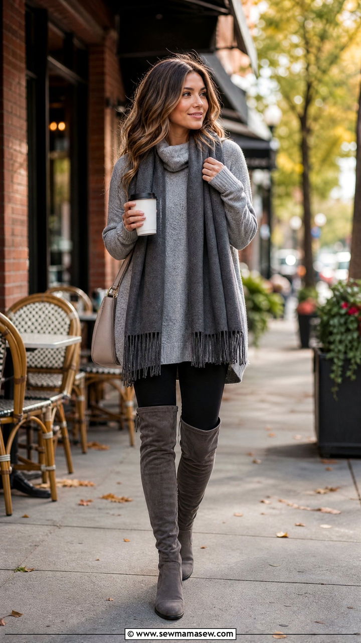 Tunic Sweater With Skinny Jeans And Over The Knee Boots - 35 Hygge outfit ideas