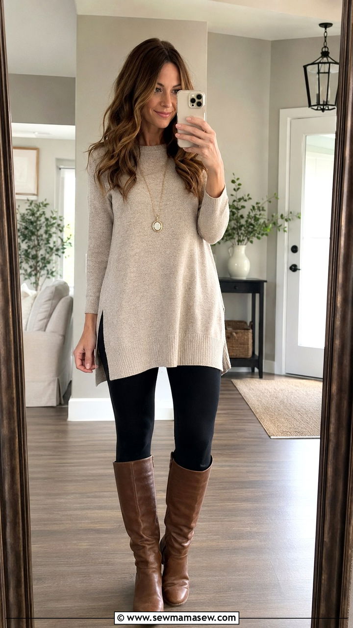 Tunic Sweater and Black Leggings Outfit - 30 Spring outfit ideas for stay at home mom