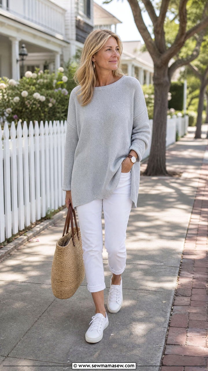 Tunic Sweater and Relaxed Capris Outfit - 25 classy coastal grandmother outfit ideas