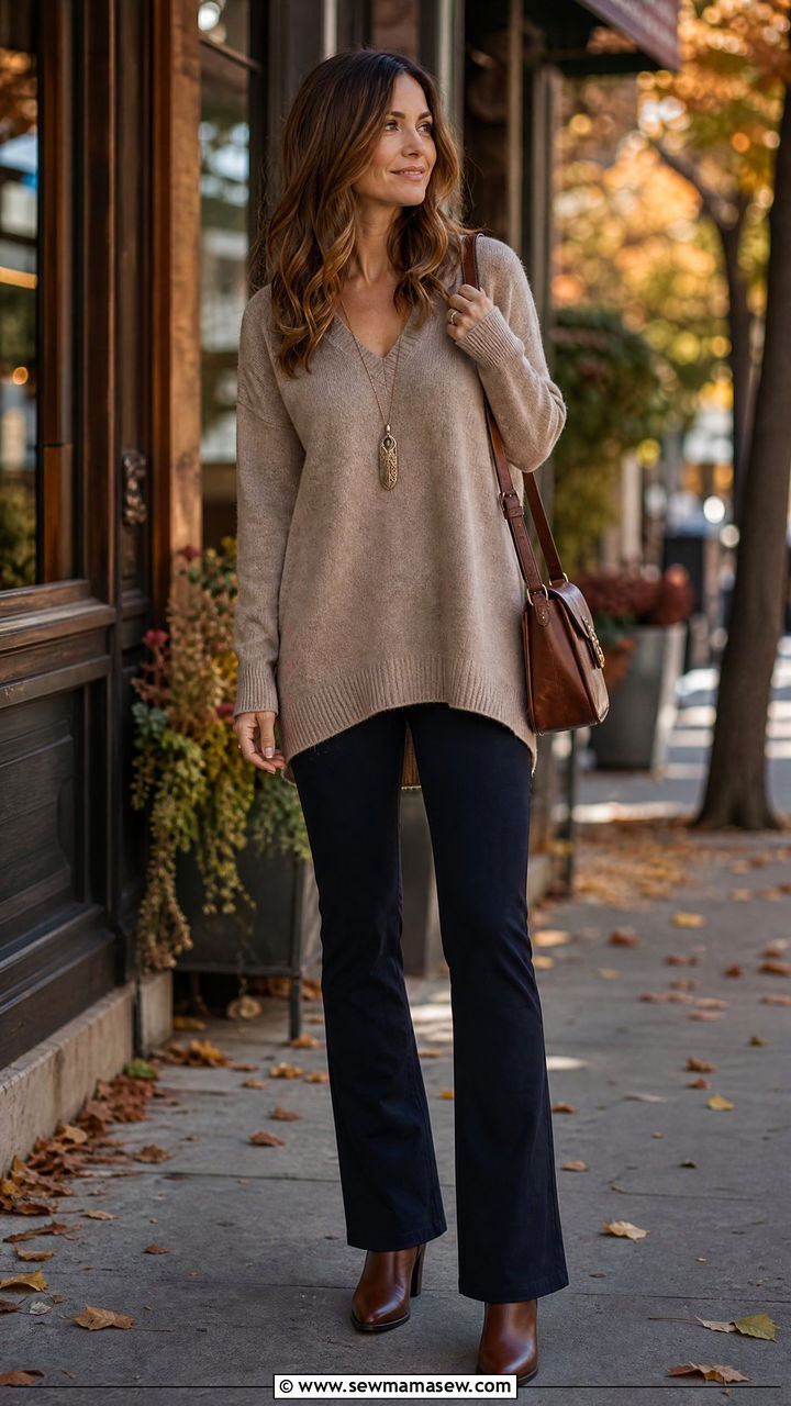 Tunic Sweater with Bootcut Pants and Heeled Boots - 25 Outfits for no waist