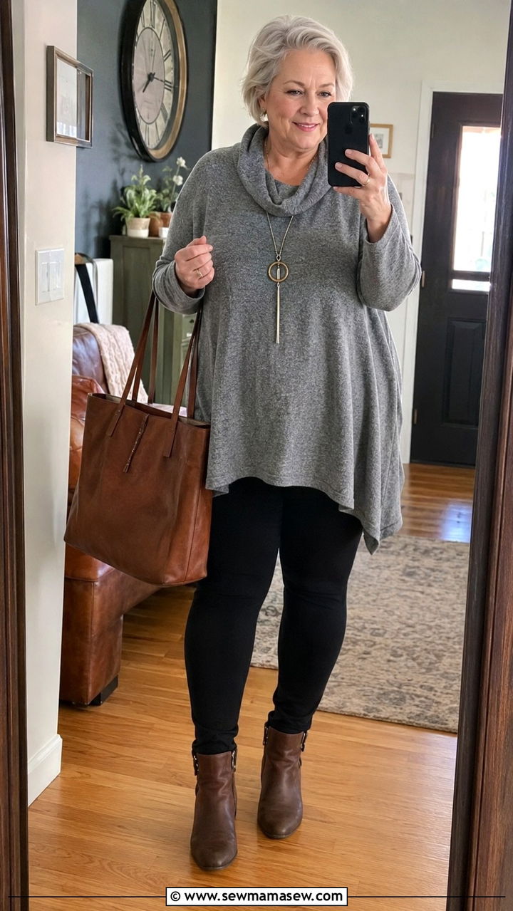 Tunic Sweater with Leggings and Ankle Boots - 25 Plus size outfit ideas for women over 70