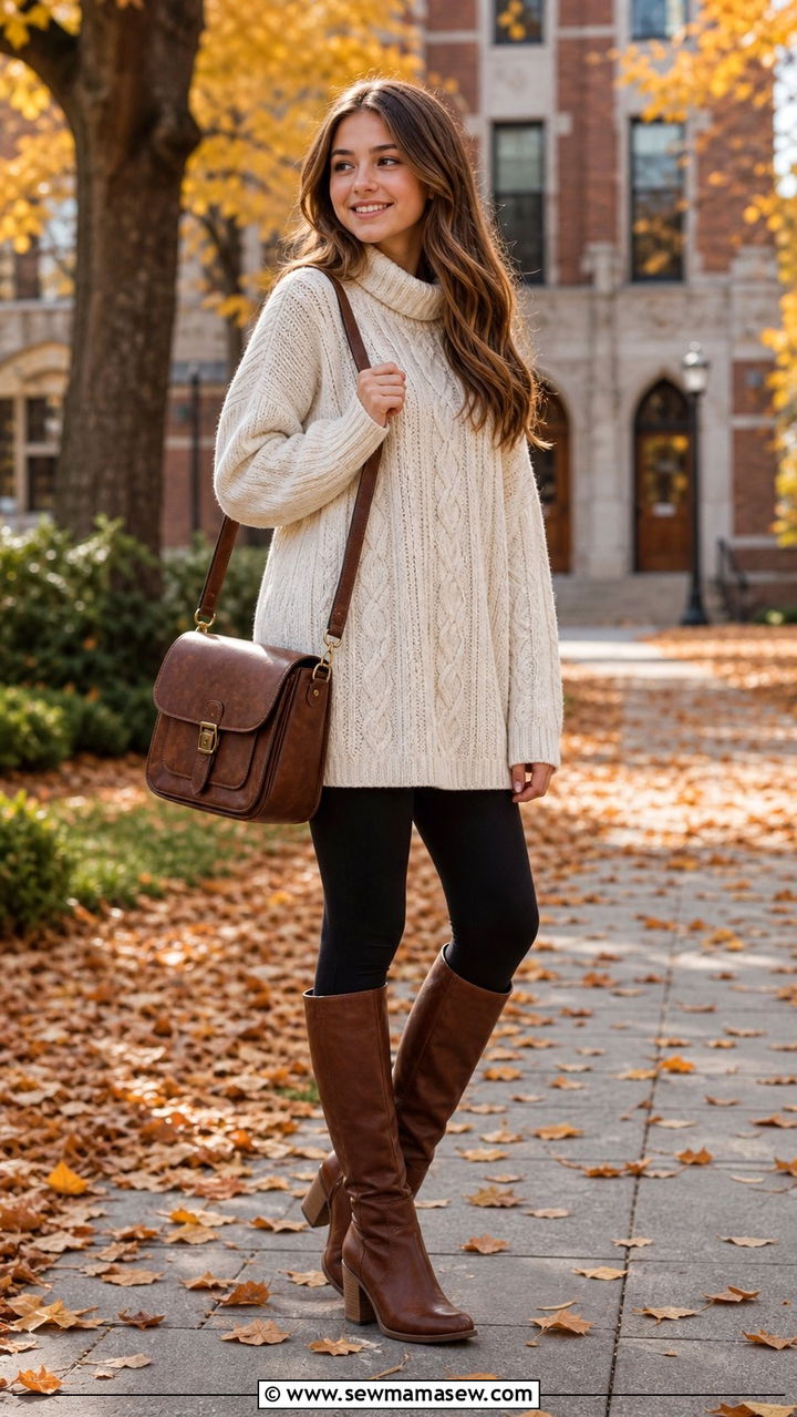 Tunic Sweater with Leggings and Knee High Boots - 35 Back to school outfit ideas for teens 2026