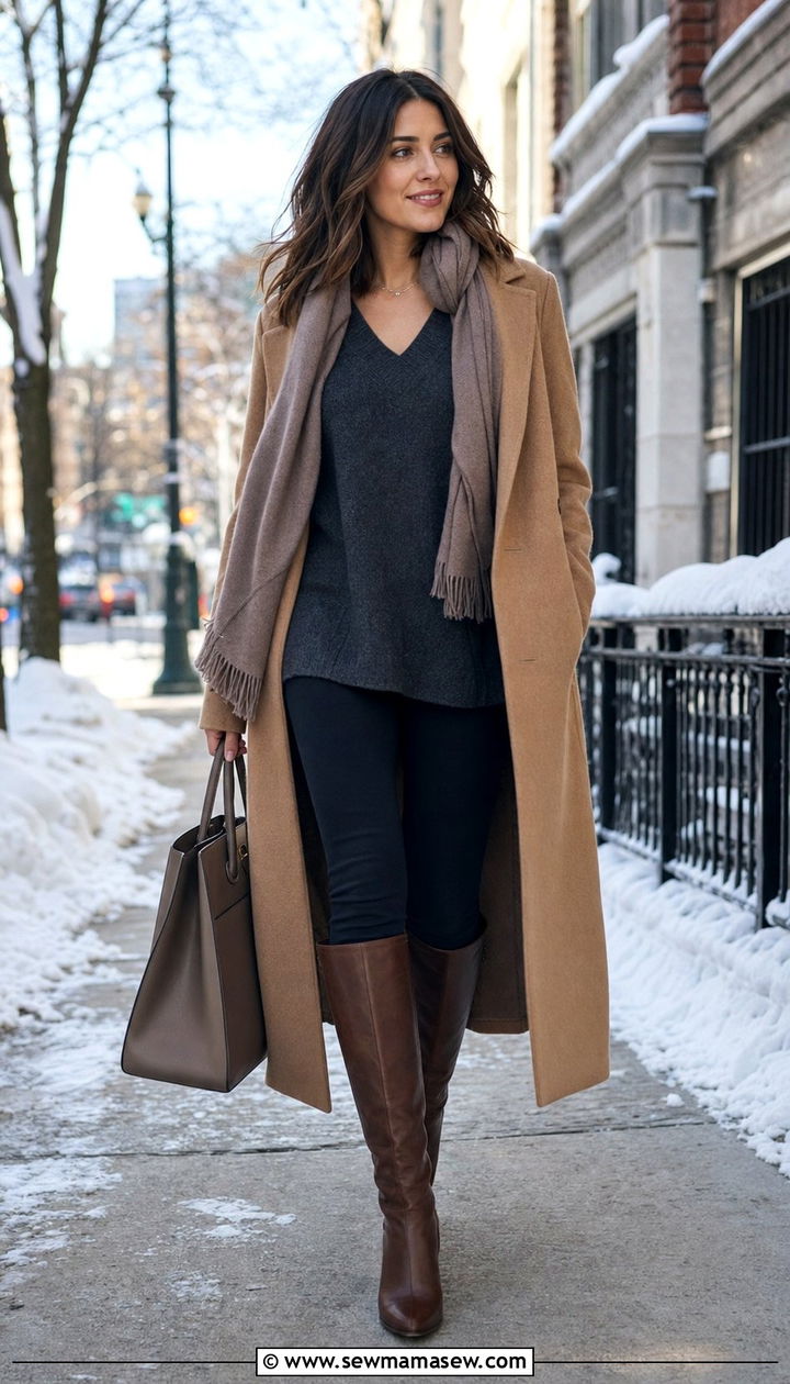 Tunic Sweater with Leggings and Long Coat - 25 classy outfits for short torso women