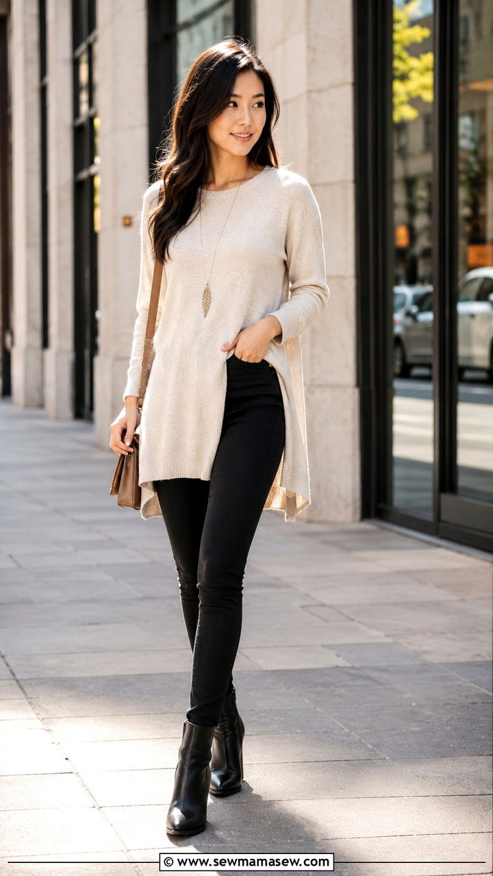 Tunic Top Over Skinny Pants With Heeled Boots - 30 Petite outfit ideas to elongate legs