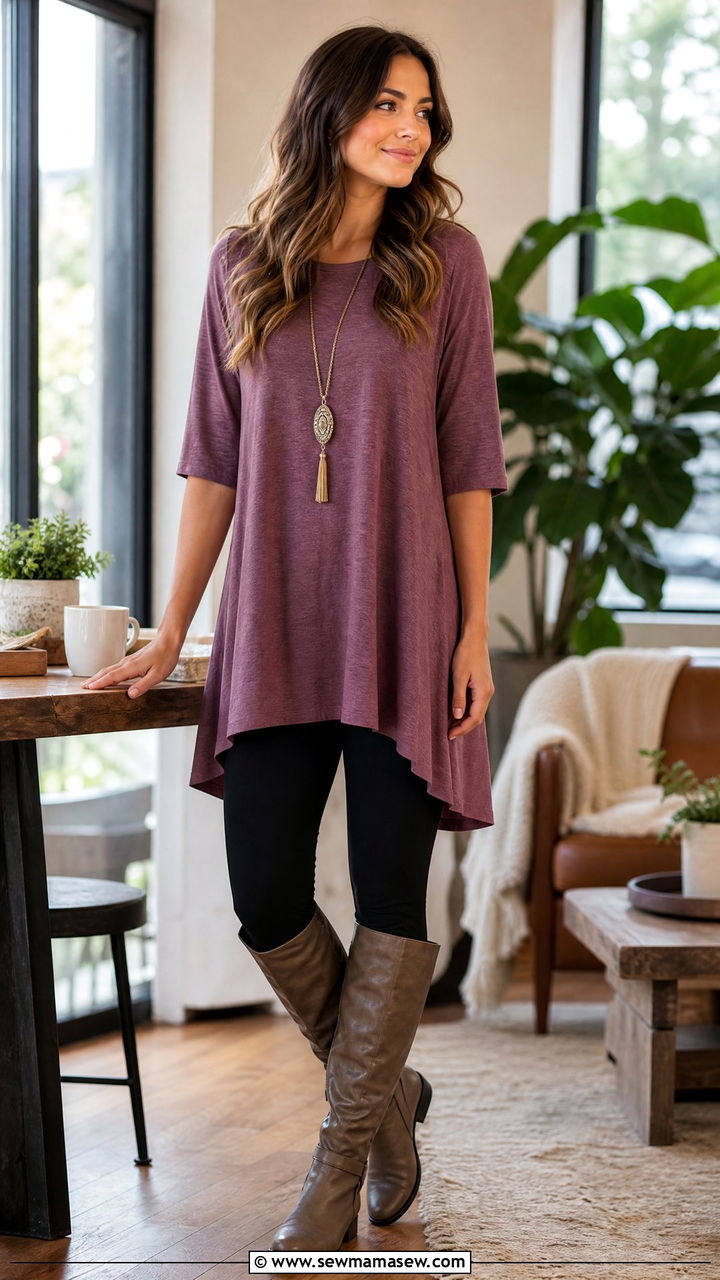 Tunic Top With Leggings And A Long Pendant Necklace - 25 Outfit ideas to flatter arms