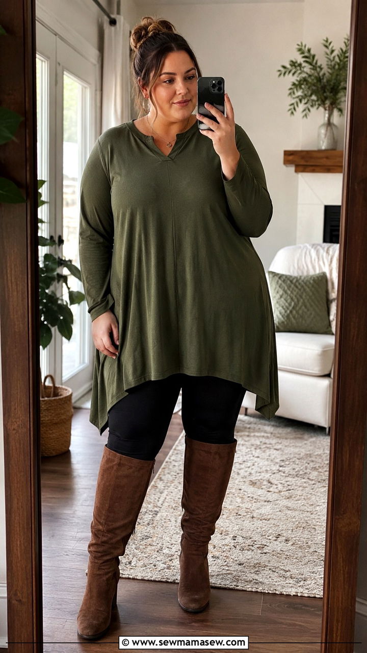 Tunic Top With Leggings And Tall Boots - 25 Outfit ideas for apple shape plus size